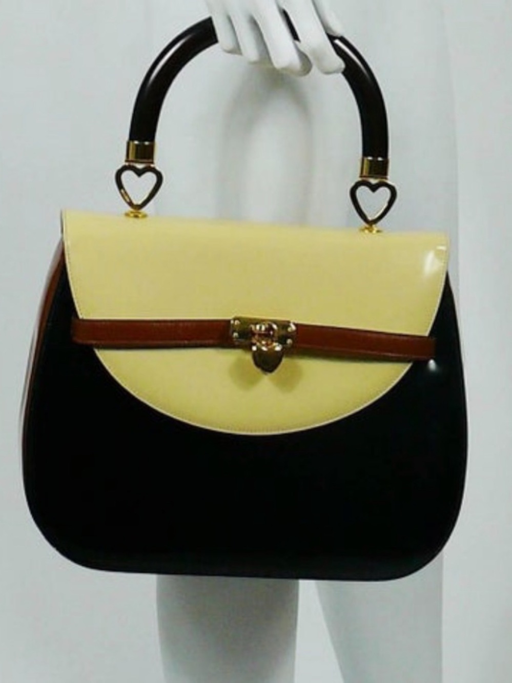 Vintage Moschino by Redwall Colorblock Patent Leather Heart Handle Bag Italy